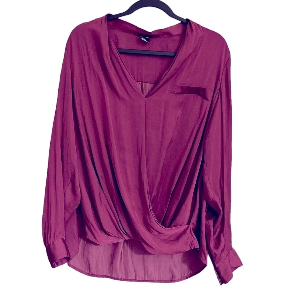 TORRID HOLLYHOCK RASPBERRY PINK BARBIE SATIN SURPLICE NECK LONG SLEEVE TOP